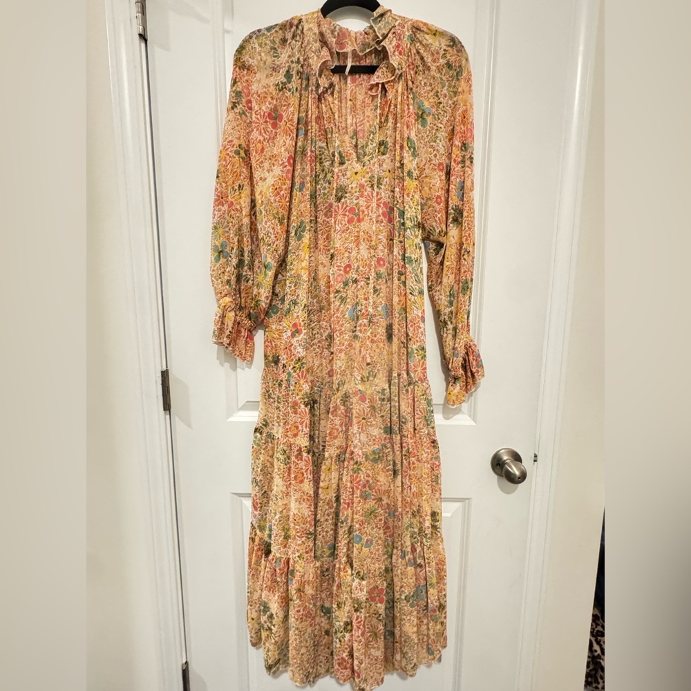 Free People Peach Floral Ruffle Neck Maxi Dress